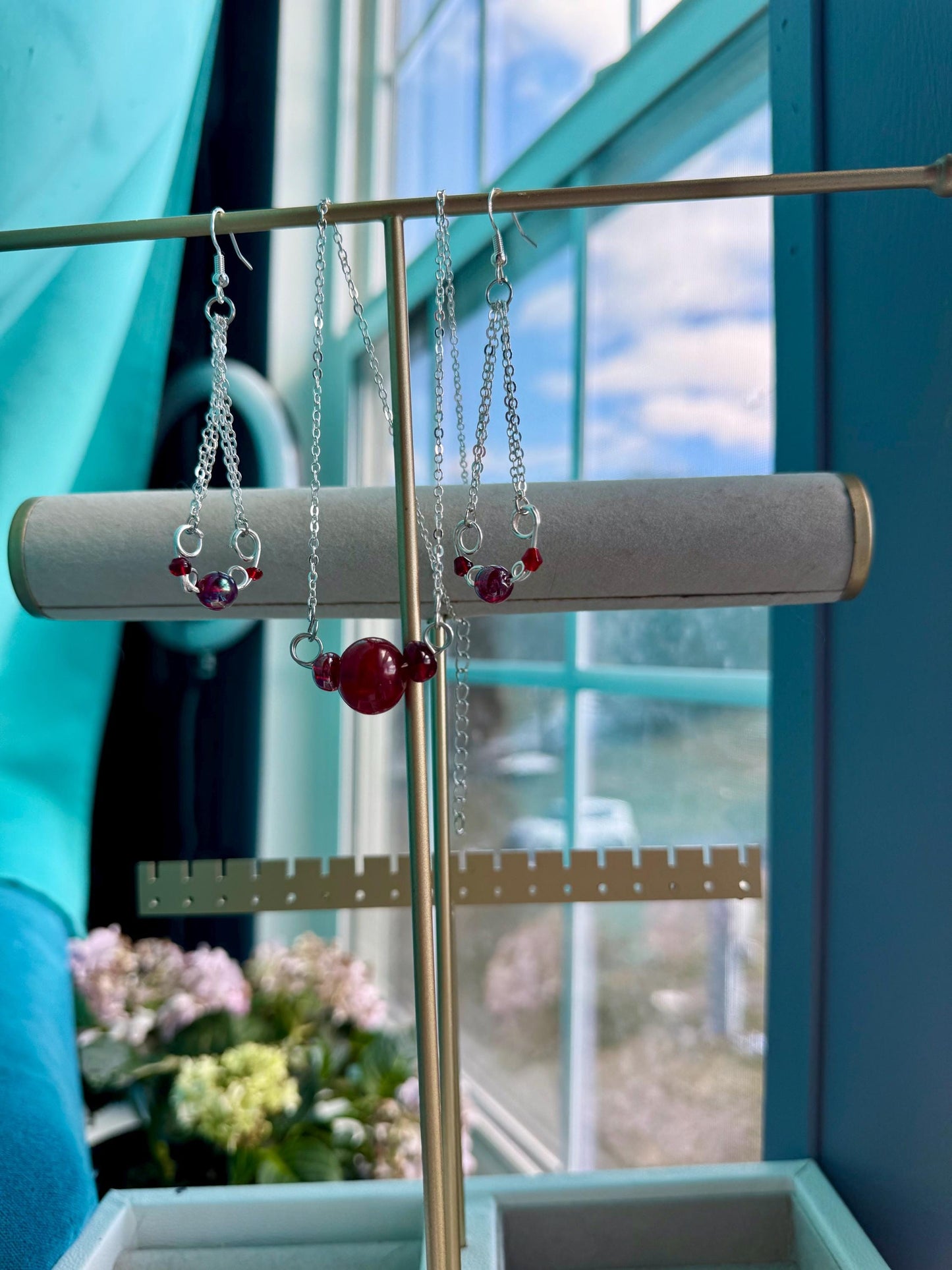 Red and Silver Drop Earrings and Necklace