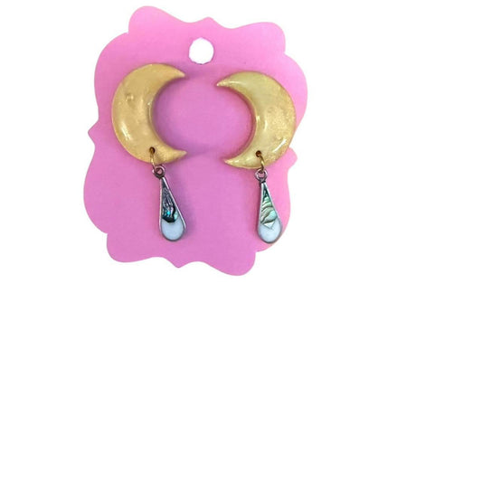 Handmade Gold Moon & Abalone Drop Earrings