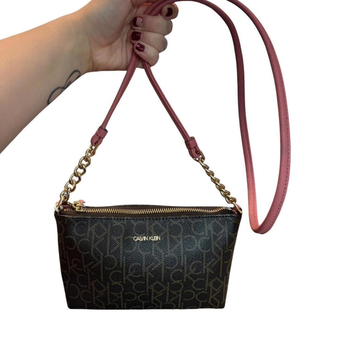 Calvin Klein Monogram Brown & Pink Chain Crossbody 👜