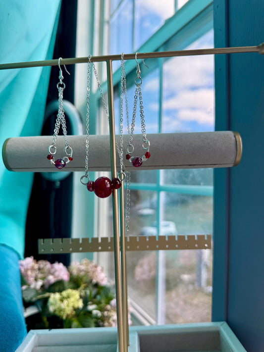 Red and Silver Drop Earrings and Necklace