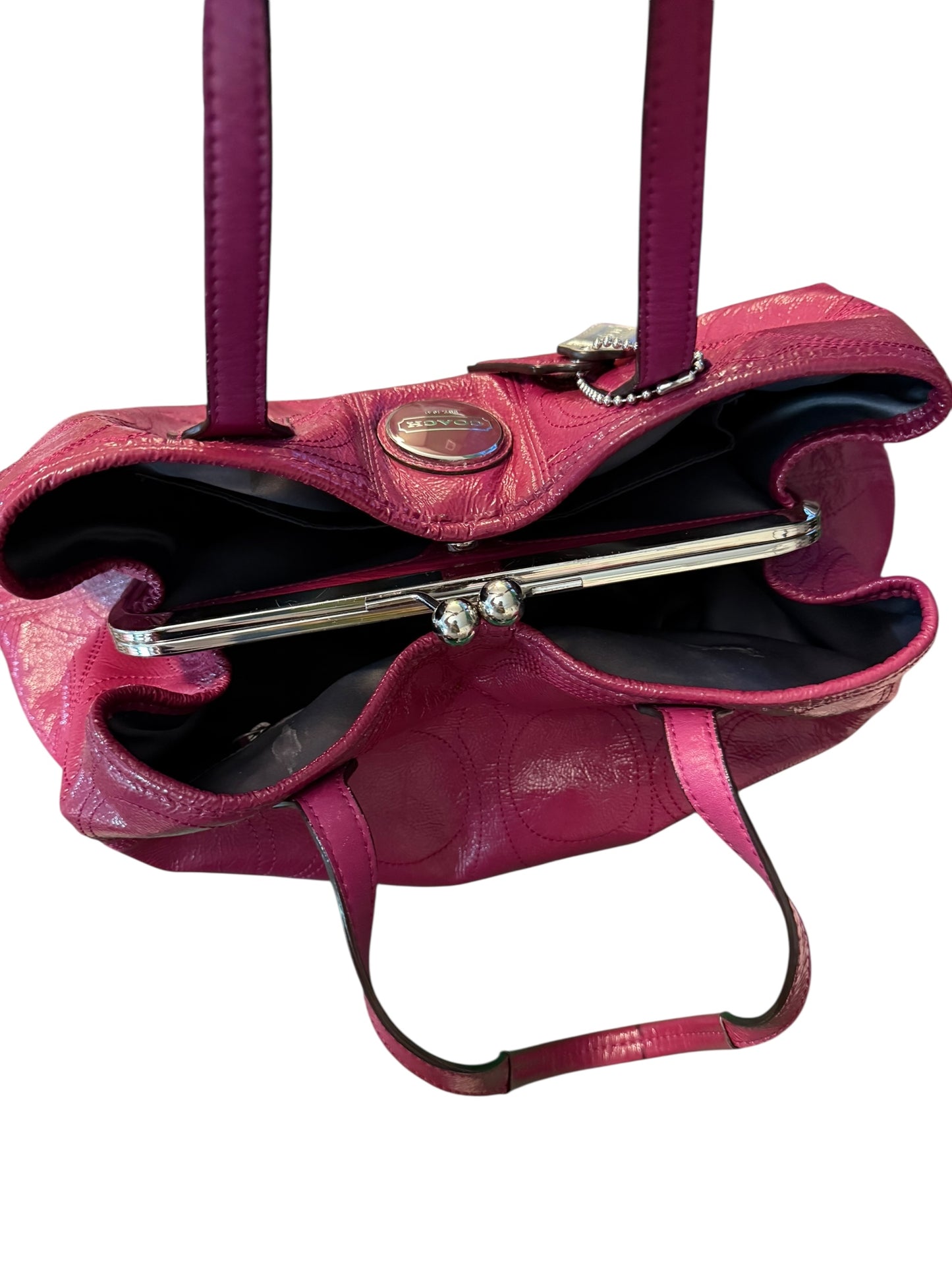 Coach Magenta 2011 Patent Leather Signature Stitched Kisslock Carryall