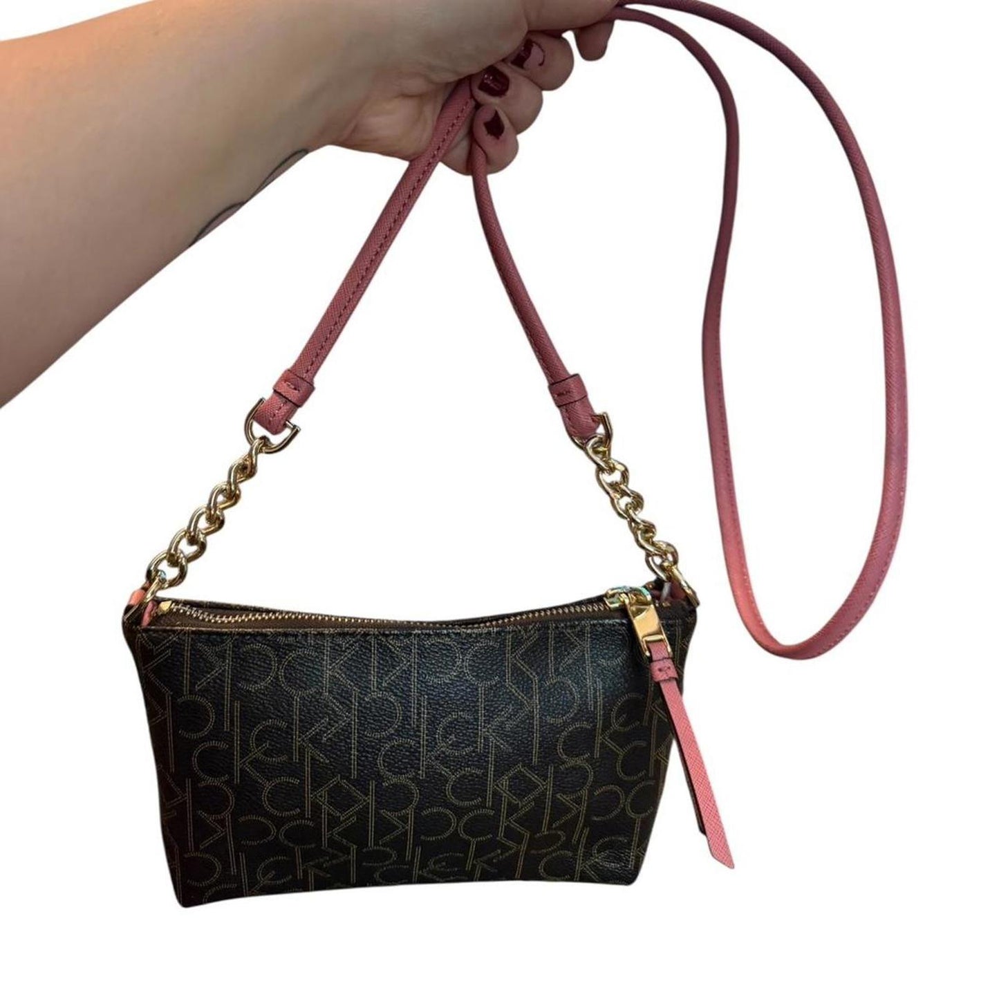 Calvin Klein Monogram Brown & Pink Chain Crossbody 👜